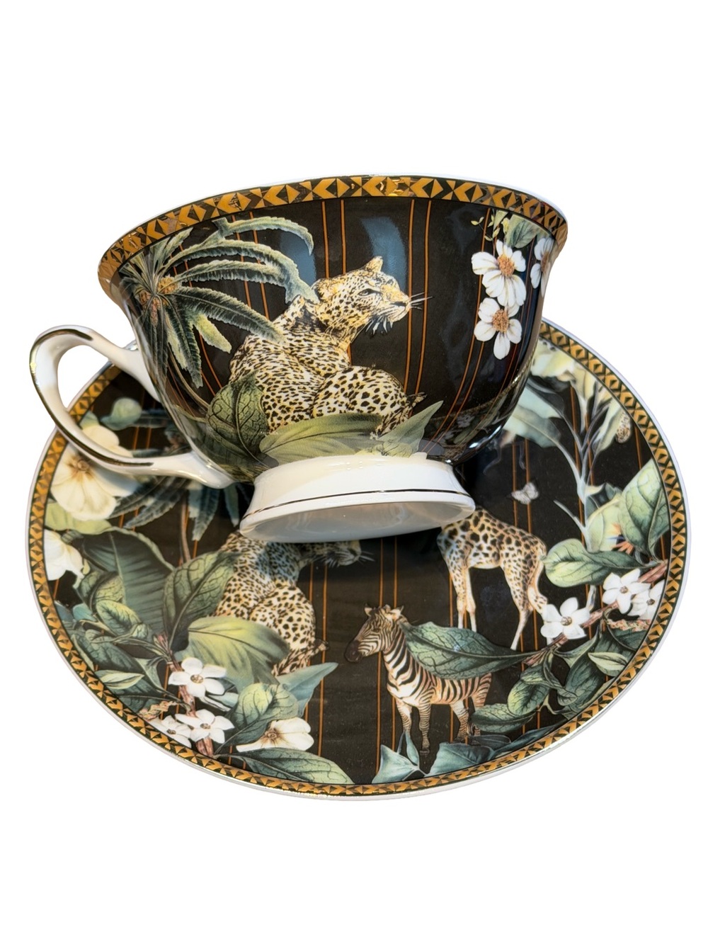 Grace Teaware NWT Elegant Black & Green Zebra Leopard Teacup & Saucer 4 Pc Set